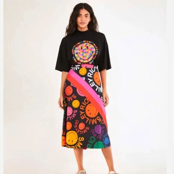 Farm Rio & Smiley Mixed Type Rio Midi Skirt - Black/Multi S - Picture 1 of 14